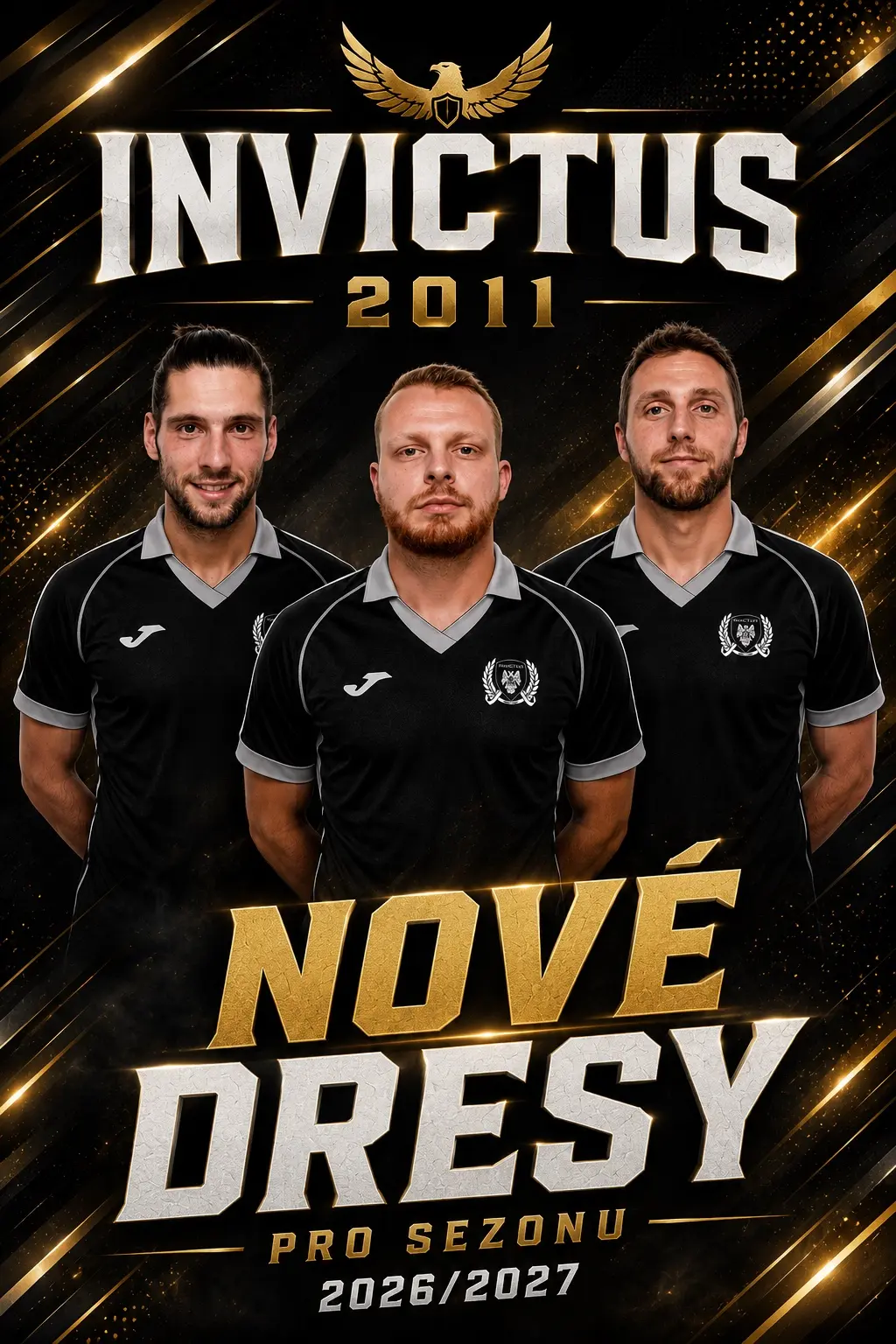 Grafika se třemi hráči Invictu představující nové černé dresy pro sezonu 2026/27